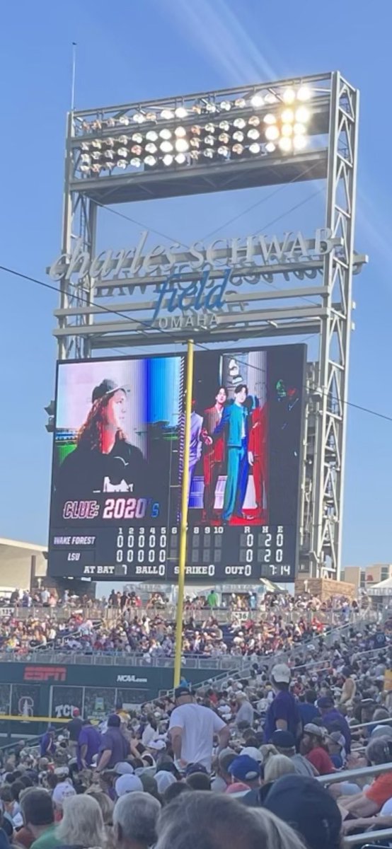 My husband is at the College World Series, and they had baseball players guess different musical artists from the decades… Y’all, look who made it. 😅

 @CWSOmaha @bts_bighit @BTS_twt #CollegeWorldSeries