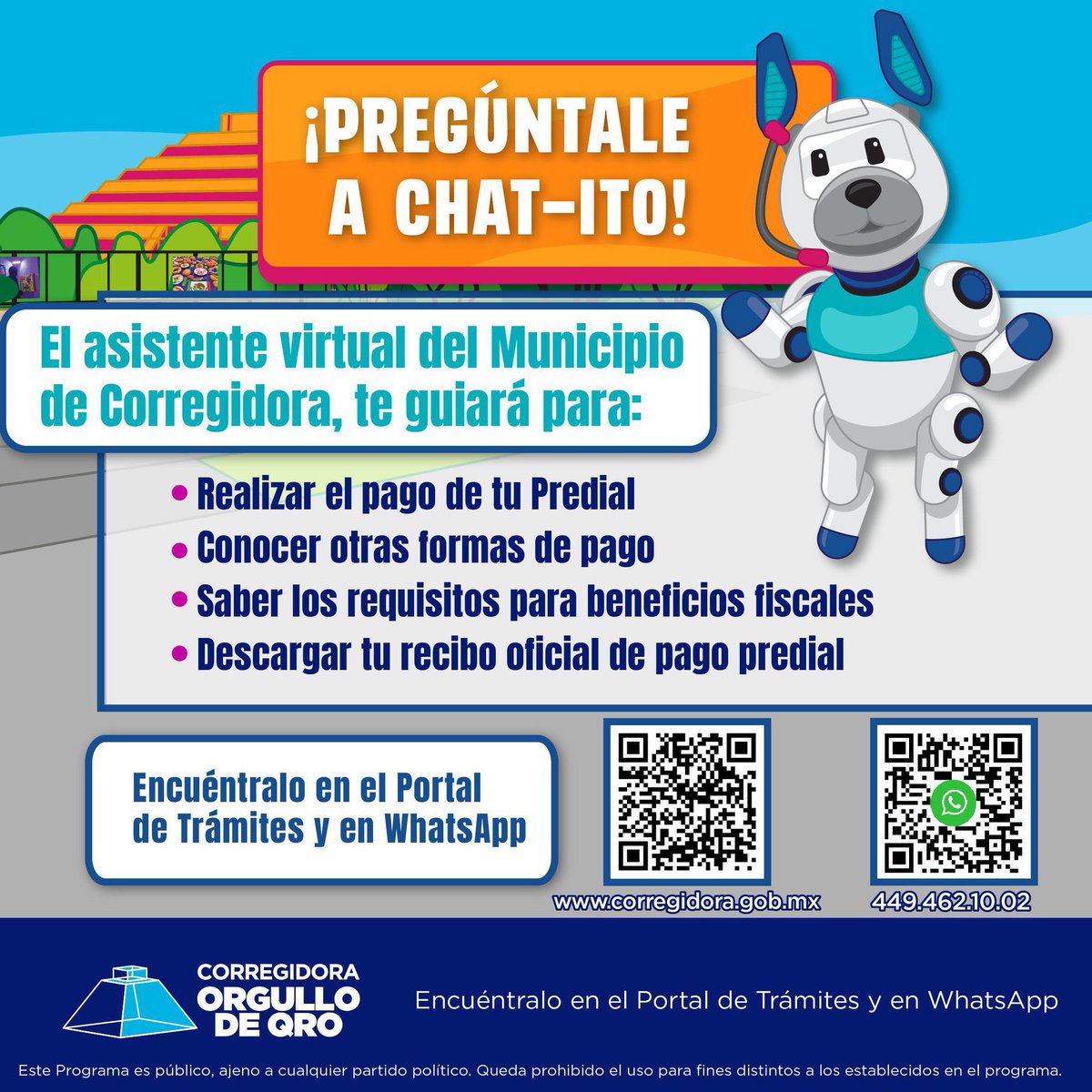 MpioCorregidora's tweet photo. ¿Necesitas apoyo para trámites predial? ¡Pregúntale a #Chatito! Nuestro asistente virtual 🤖🐶🖥️ Escanea el código QR o mándale un WhatsApp al: 449 462 1002 #Corregidora #OrgulloDeQro https://t.co/A5VF0KaN71