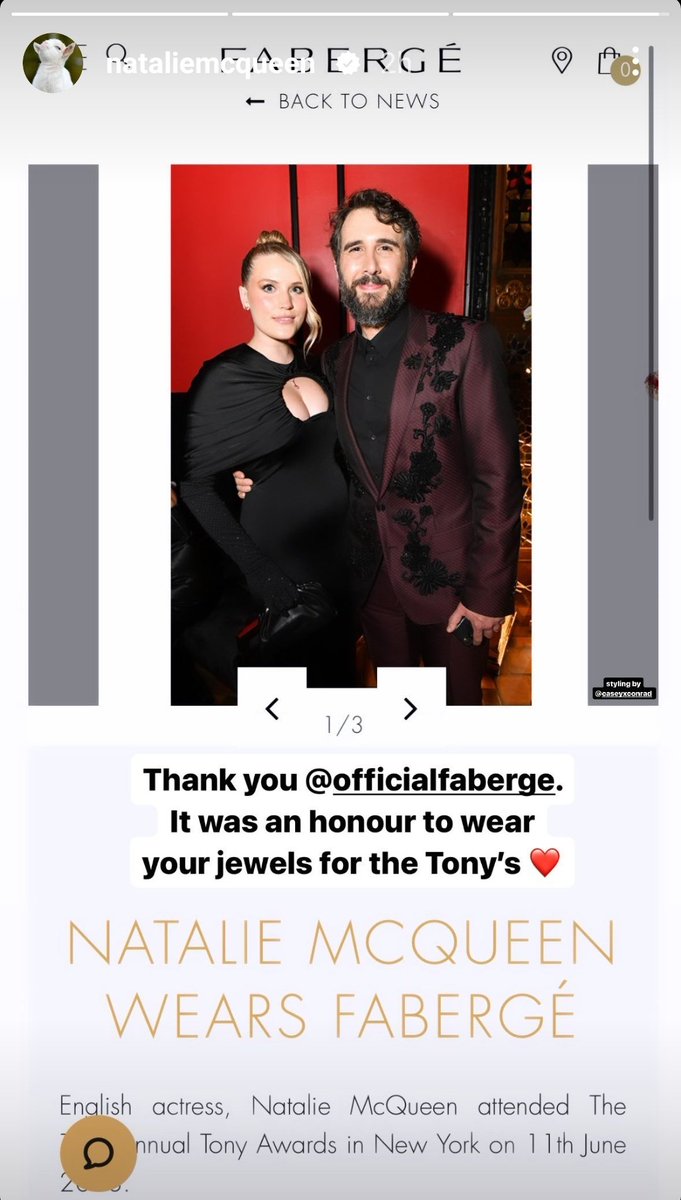 #instastory from #NatalieMcQueen 1) I did a full photoshoot for this peach galette 🍑🍑🍑 2) Thank you @OfficialFaberge. It was an honour to wear your jewels for the Tony's ❤  @joshgroban