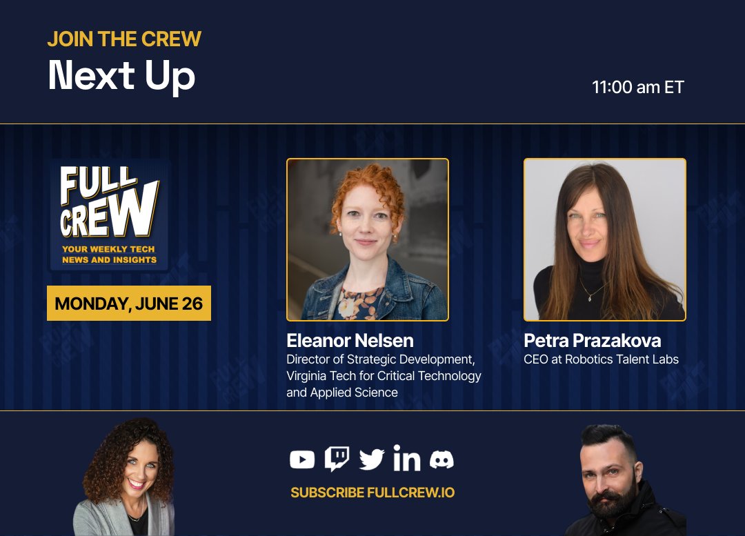 ⏩ Next up 🎙️Full Crew with @elenelse of <a href="/virginia_tech/">Virginia Tech</a> and Petra Prazakova of Robotics Talent
Labs.

🔗 youtube.com/live/8S2iE5XcH…
#drones #uas #aam #uas #technews