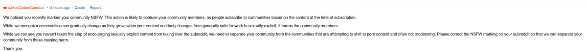 Lol k, according to the Reddit admins ASOIAF, Game of Thrones, and House of the Dragon are "safe for work" and the board must revert back to that setting or else. Bold take by the admins for sure. TIL the Tits and Dragons show is safe for kids according to them.