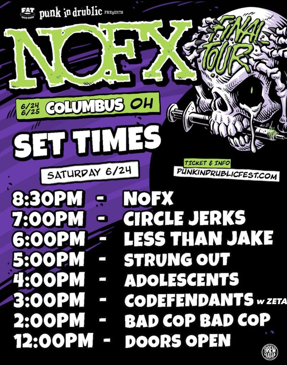 Closing this leg of the tour in Columbus, OH playing #punkindrublicfestival as backing band for Codefendants this Saturday June 24th at 3PM 🔥 LFG 🔥 After this, see y’all in July to continue w @spartatheband & @geoffrickly Tickets at Joinzeta.com/tour