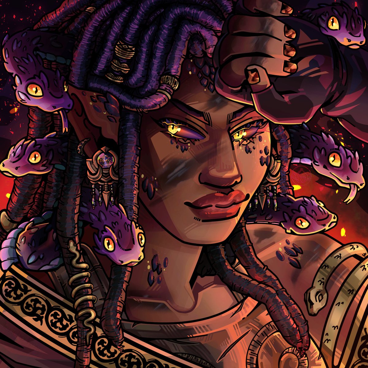 JerichoR0se's tweet image. Super excited to show the final version of this comm! 

Barugash mixed with Medusa and Hepheastus which, gosh, what a fun and unique mix. I Adore how this came out and the colours are just so yummy they remind me of dragons eye opal~

Character belongs to @Drakoniques