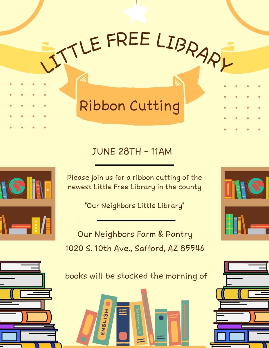 our_pantry's tweet photo. Please join us for a Ribbon Cutting - Wednesday, June 28th, 11am for the newest Little Free Library in the county. โOur Neighbors Little Libraryโ will be stocked with books the morning of. #onfp #Safford #littlefreelibrary #littlefreelibraries #grahamcounty #gilavalley https://t.co/zPhOvzBYPa