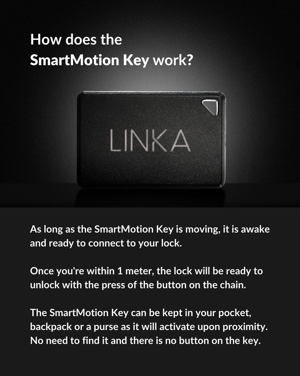 linkabikelocks's tweet photo. Introducing the LINKA SmartMotion Key. Compatible with LEO 2, LEO 2 Pro and LASSO, the SmartMotion Key can be paired to your lock allowing easy, convenient access, hands-free. Now, that's pretty smart! Tap the pics to learn more. 🤓  https://t.co/JJuG9asoAY
#LINKASmartLocks https://t.co/uZjXqPoQlc
