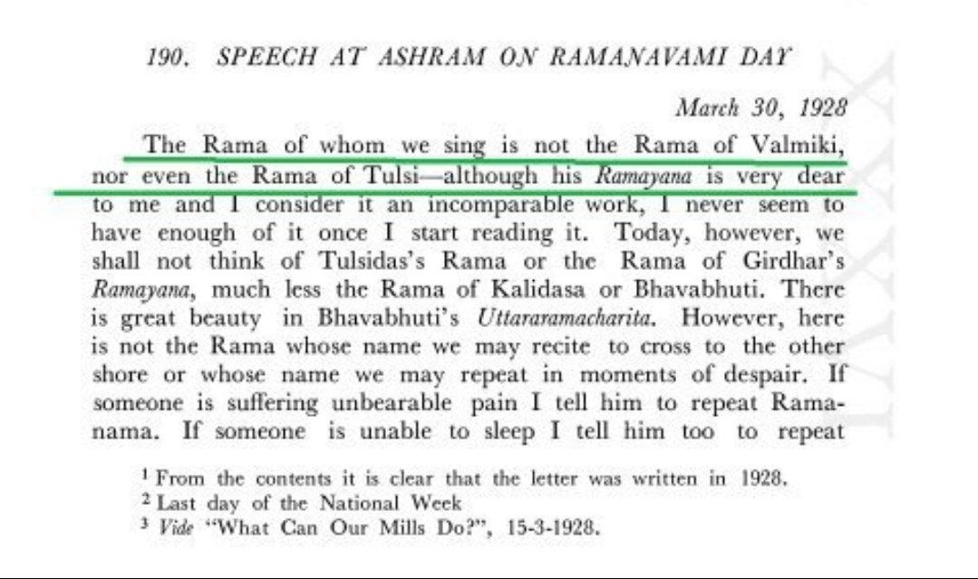A very important point. G@ndhi NEVER worshiped the Hindu deity Rama. As G@ndhi himself made it very clear in his Ramanavami speech, G@ndhi's Rama is not the Rama of Hindu scriptures. G@ndhi's 'Rama' is a monotheist formless God. Excerpt from G@ndhi's Sabarmati speech,1928.