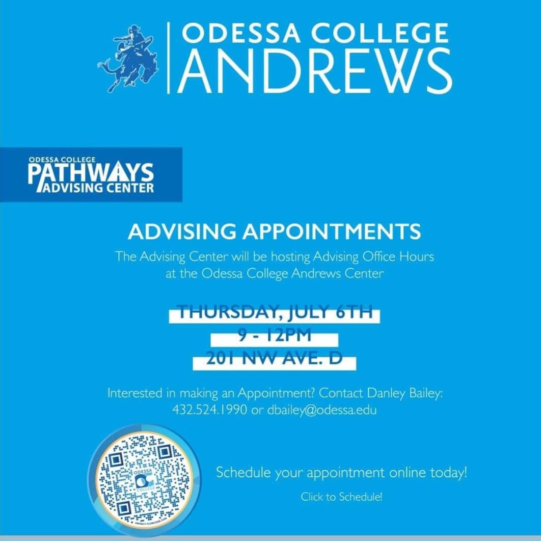 IrisCM_OC's tweet photo. The #OC #PathwaysAdvisingCenter will be hosting office hours at our 3 extension sites this summer. โ๏ธโฑ๏ธ๐
Students can save the trip to Odessa as they prepare for #Fall2023. ๐
#Monahans #Andrews & #Pecos, we will see you soon!
#tweetOC #OCallin https://t.co/WXX866c8sy