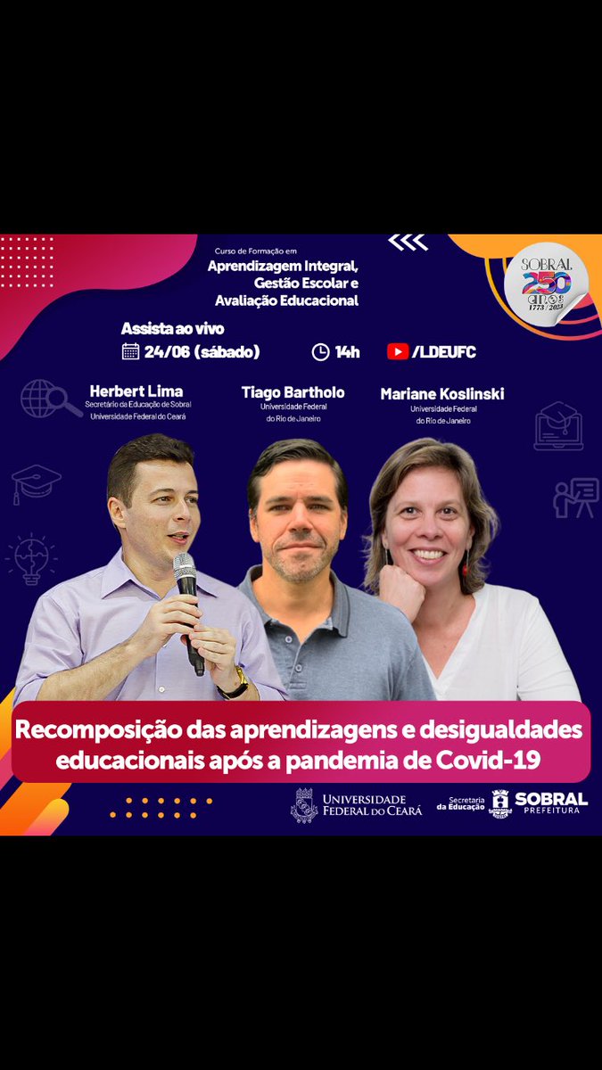 No próximo sábado, 24/06, teremos essa super Live junto com <a href="/HerbertLimaUFC/">Herbert Lima</a> , Secretário da Educação de Sobral pelo YouTube. Obrigado Sobral e UFC pelo convite - <a href="/koslinski_mc/">Mariane Campelo Koslinski</a> <a href="/ufrj/">UFRJ</a> <a href="/fmcsv/">Fundação Maria Cecilia Souto Vidigal</a> . Sempre bem essa oportunidade de troca com gestores e professores. Espero vocês lá!