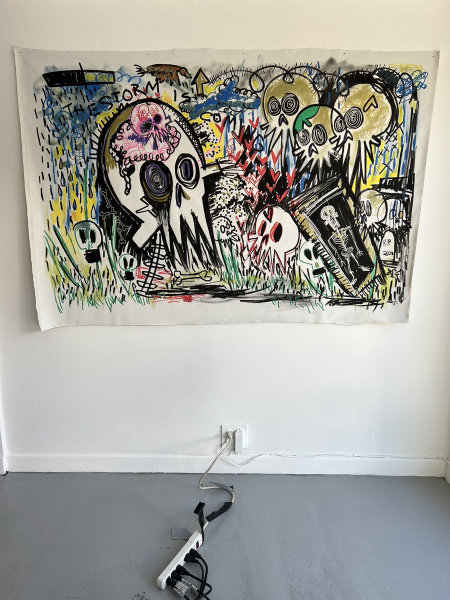 eddiegangland's tweet photo. I started this huge canvas today at the show; I’ve been painting it all day and will be adding layers live over the next few days!

We will be starting an auction on Friday that will run the course of 3 days and will include this canvas shipped to your home AND the 1/1 #nft pair.

@theARTDept_WeHo @KeithBotha2 @Beanstamatic