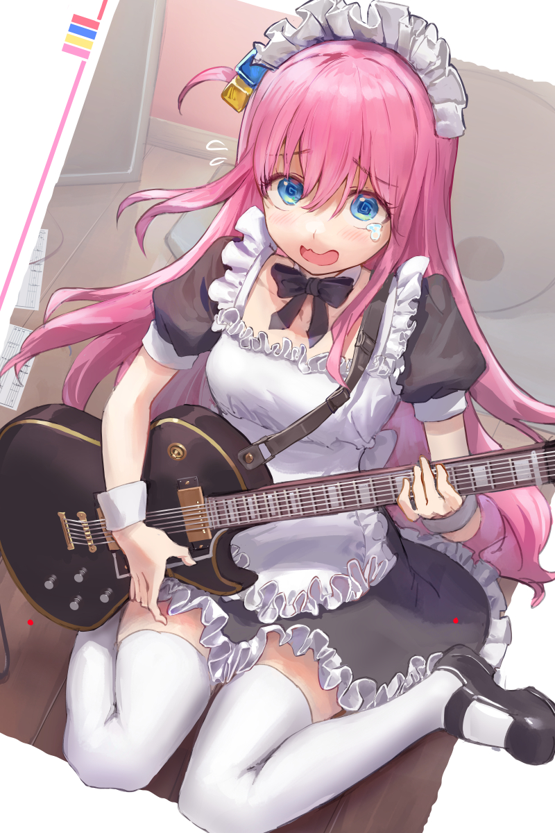 gotou hitori 1girl cube hair ornament pink hair electric guitar guitar solo maid  illustration images