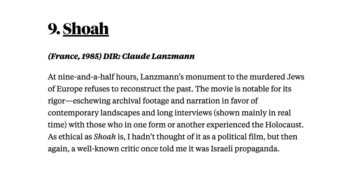 The <a href="/NewRepublic/">The New Republic</a> names Claude Lanzmann's SHOAH as being among the 10 most significant political films of all time. 
Other films on the list include THE BATTLE OF ALGIERS, BATTLESHIP POTEMKIN and TRIUMPH OF THE WILL: newrepublic.com/article/173376…