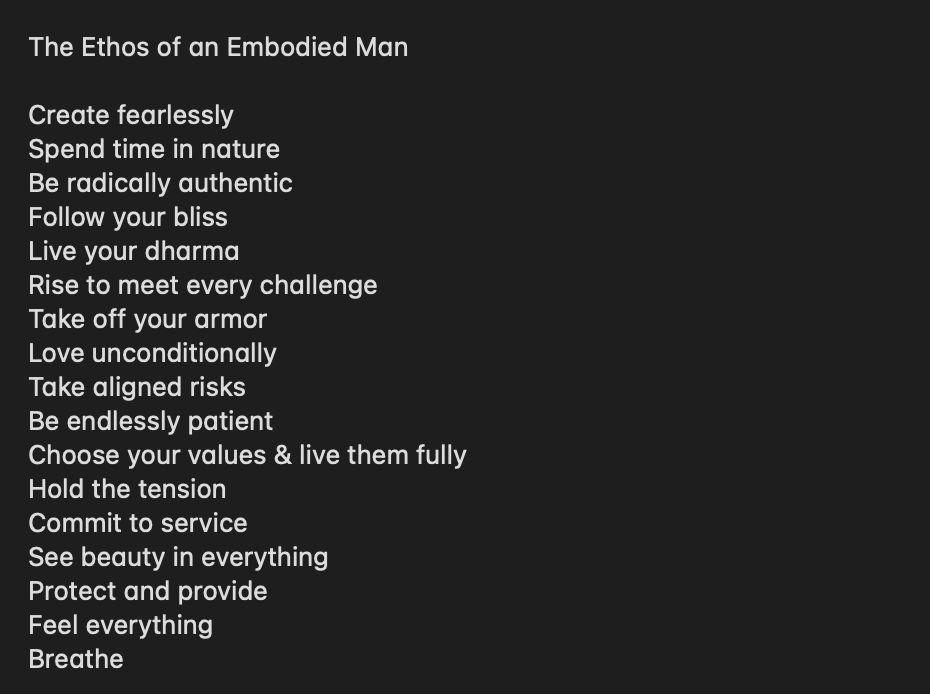 The Ethos of an Embodied Man

#menswork #healthymasculinity #polarity #holdthetension #breathe #UnconditionalLove