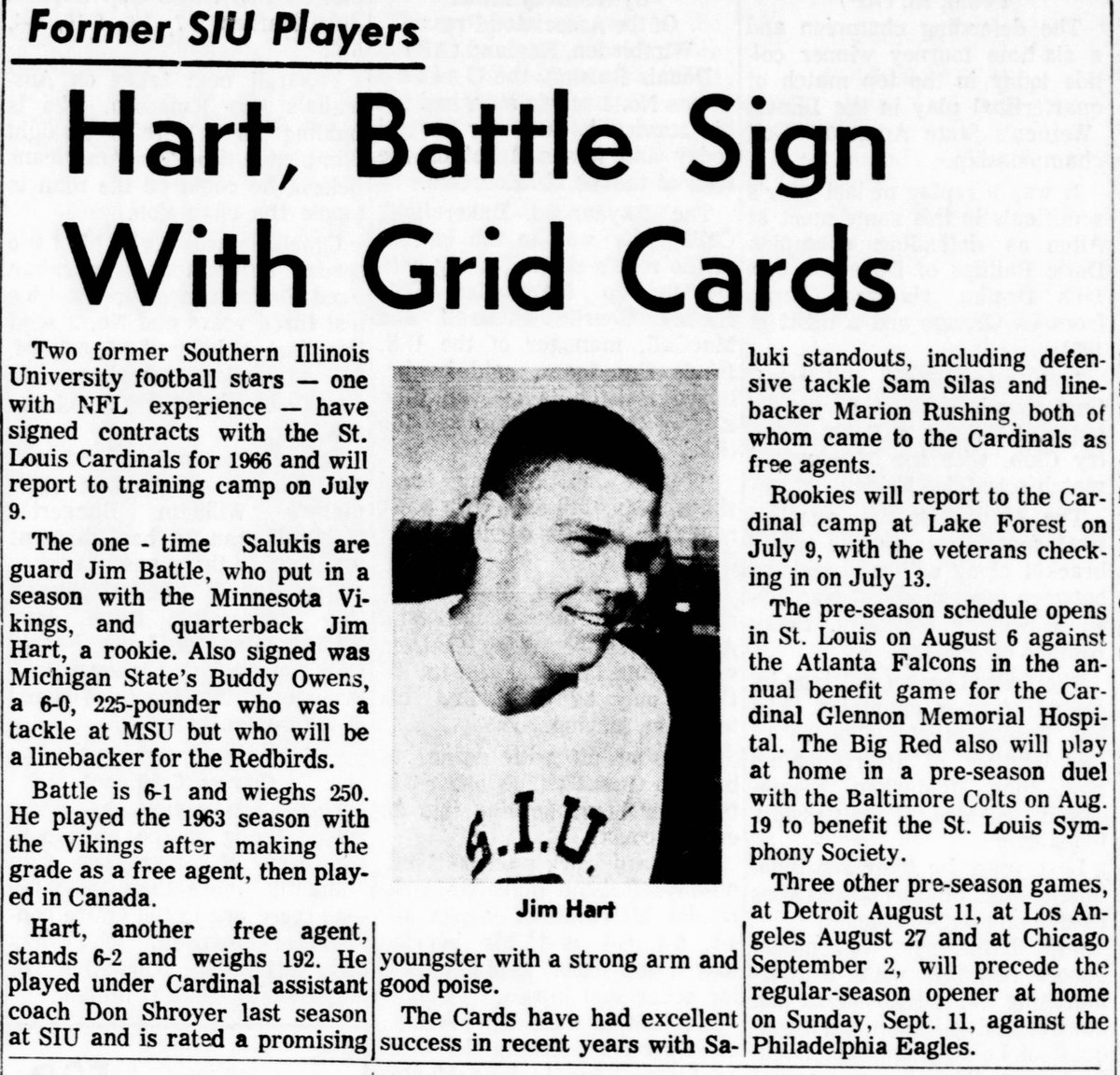 BigRed_STL's tweet photo. OTD 1966: The Big Red signed an unknown, undrafted free agent out of @SIU_Football who went on to throw for over 30,000 passing yards.
#JimHart https://t.co/mfSf81KPUv
