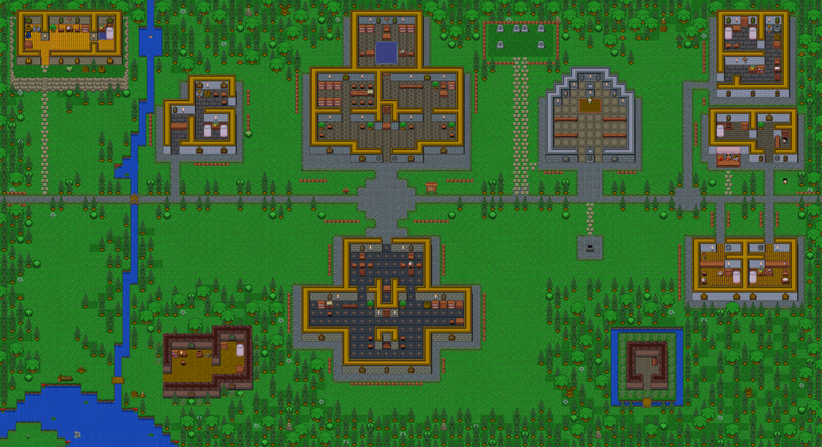 Temporarily pausing on making contiguous areas on a new cave map, here's the 99% WIP of a town I've made so far.

#OHRRPGCE #Labrynthe #RPG #pixelart #fantasy #retrogame