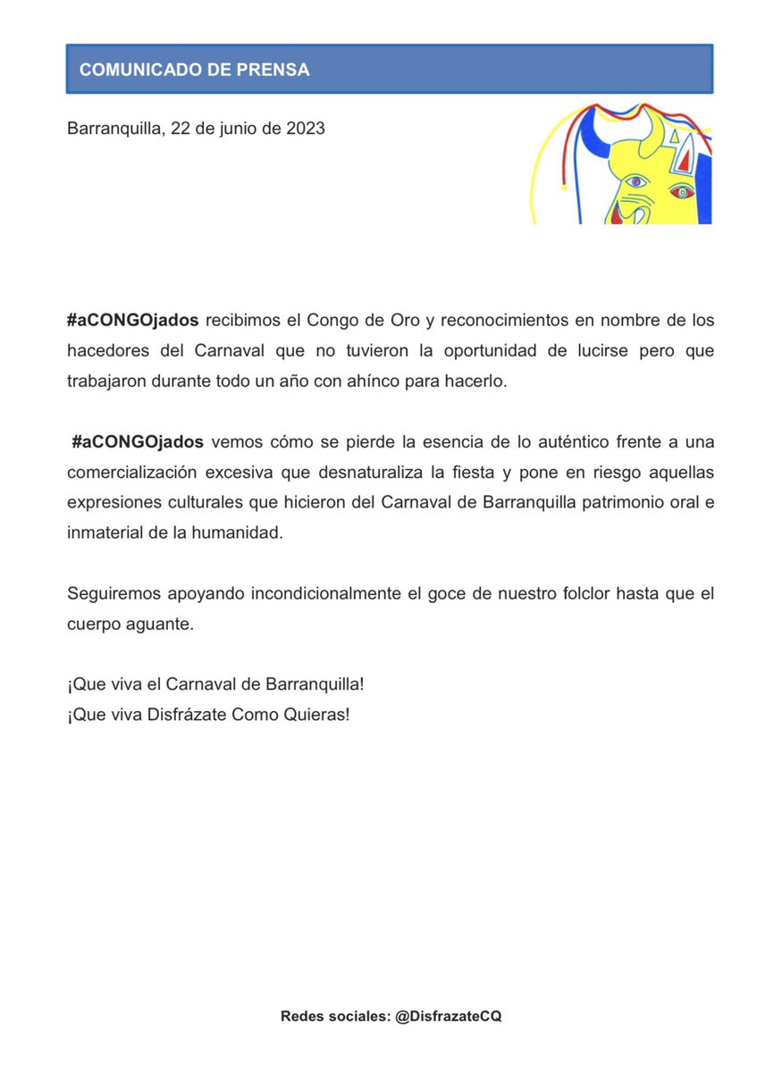 DisfrazateCQ's tweet photo. Hoy, #aCONGOjados recibimos 2 congos de oro. Uno por nuestra participación en la Batalla de Flores 2023 y el primer puesto del Joselito Carnaval. A continuación adjuntamos un comunicado que hemos emitido con motivo de esta premiación #Carnaval #CarnavalDeBareanquilla https://t.co/Iqn4NoGu7C