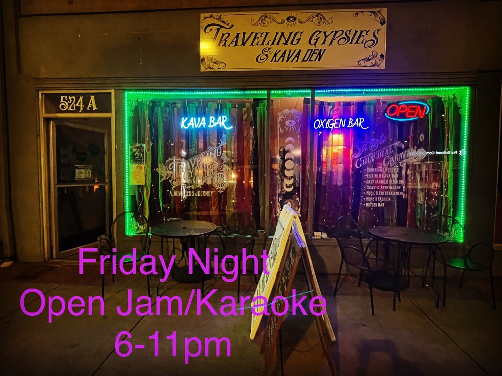 Friday Night 6-11pm Open Jam/Karaoke! #downtownromega #romega #kavabar #kavaden #elixirbar #oxygenbar #botanicalbar #noalcohol #sobermovement #soberlifestyle #openjam #karaoke