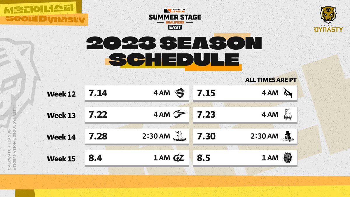SeoulDynasty's tweet photo. 🗓 2023 Summer Stage Schedule 🗓

치열한 순간들로 더욱 뜨거워질 우리의 여름 🌞
2023 서울 다이너스티의 서머 일정을 공개합니다!

Seoul Dynasty returns in July! See you then 😎

#TigerNation #SeoulDynasty #OWL2023 https://t.co/OdQIqU1kqc