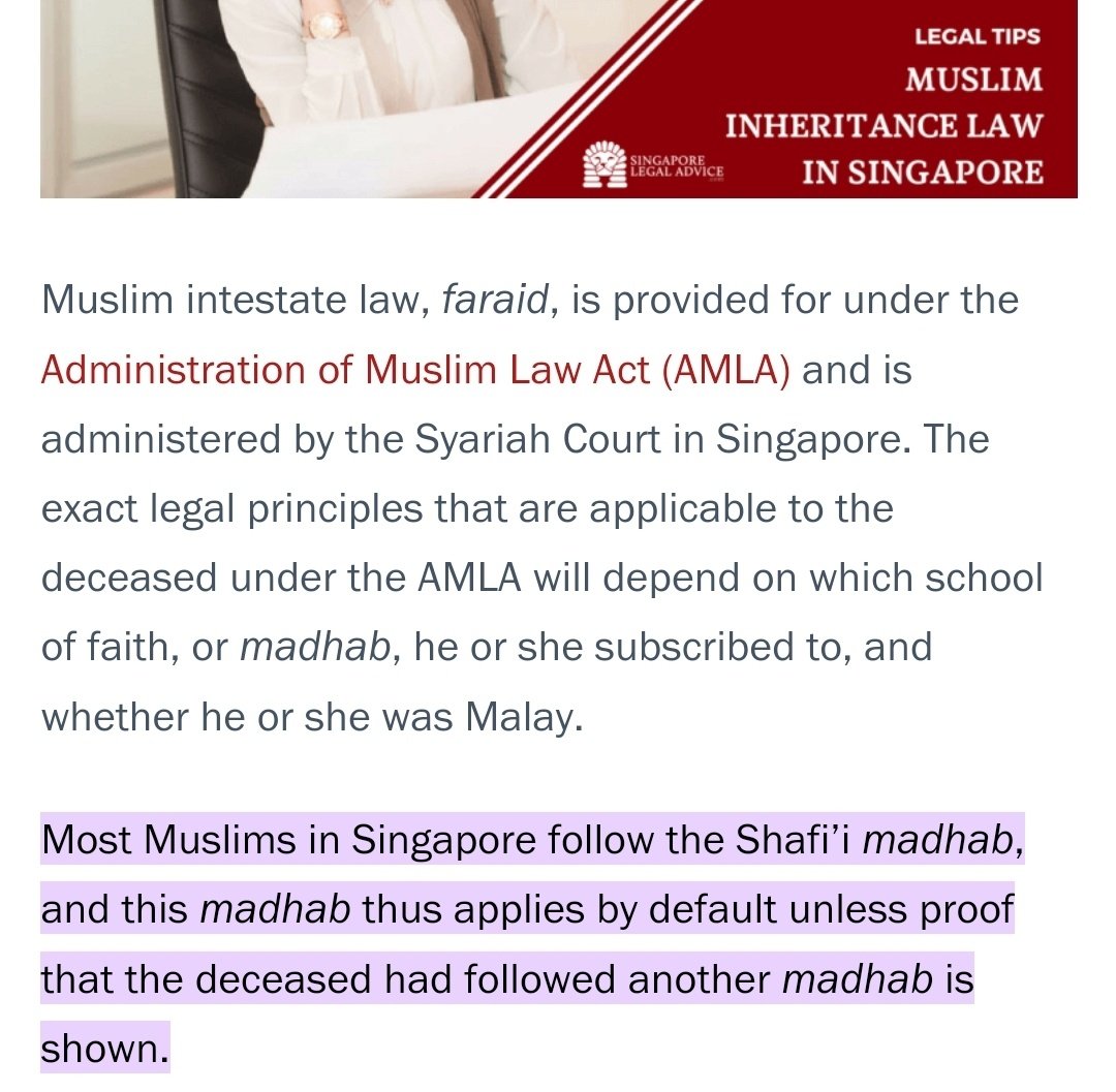 @adm_dnll03 Think by default they follow the same mazhab that Malaysia follows (Shafi'i), but they don't seem opposed to other mazhabs either? Can't find anything on MUIS SG's website.

Source of screenshot: singaporelegaladvice.com/law-articles/m…