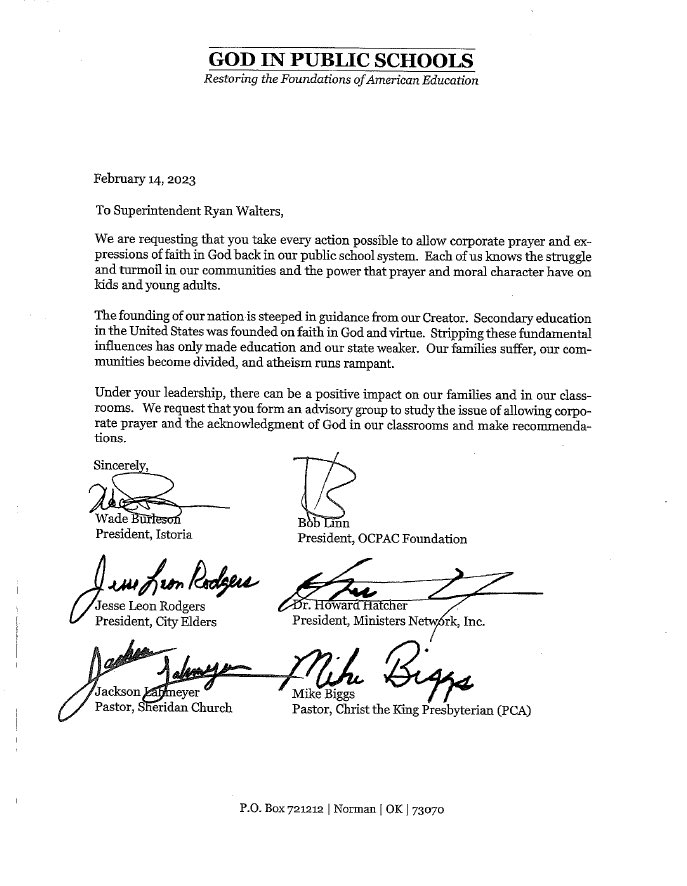 So basically, these people don’t believe in the constitutional right of everyone to choose their own religion, or no religion. They want to force every child to pray to a God their families may or may not believe in. And our state superintendent supports them. Smh.