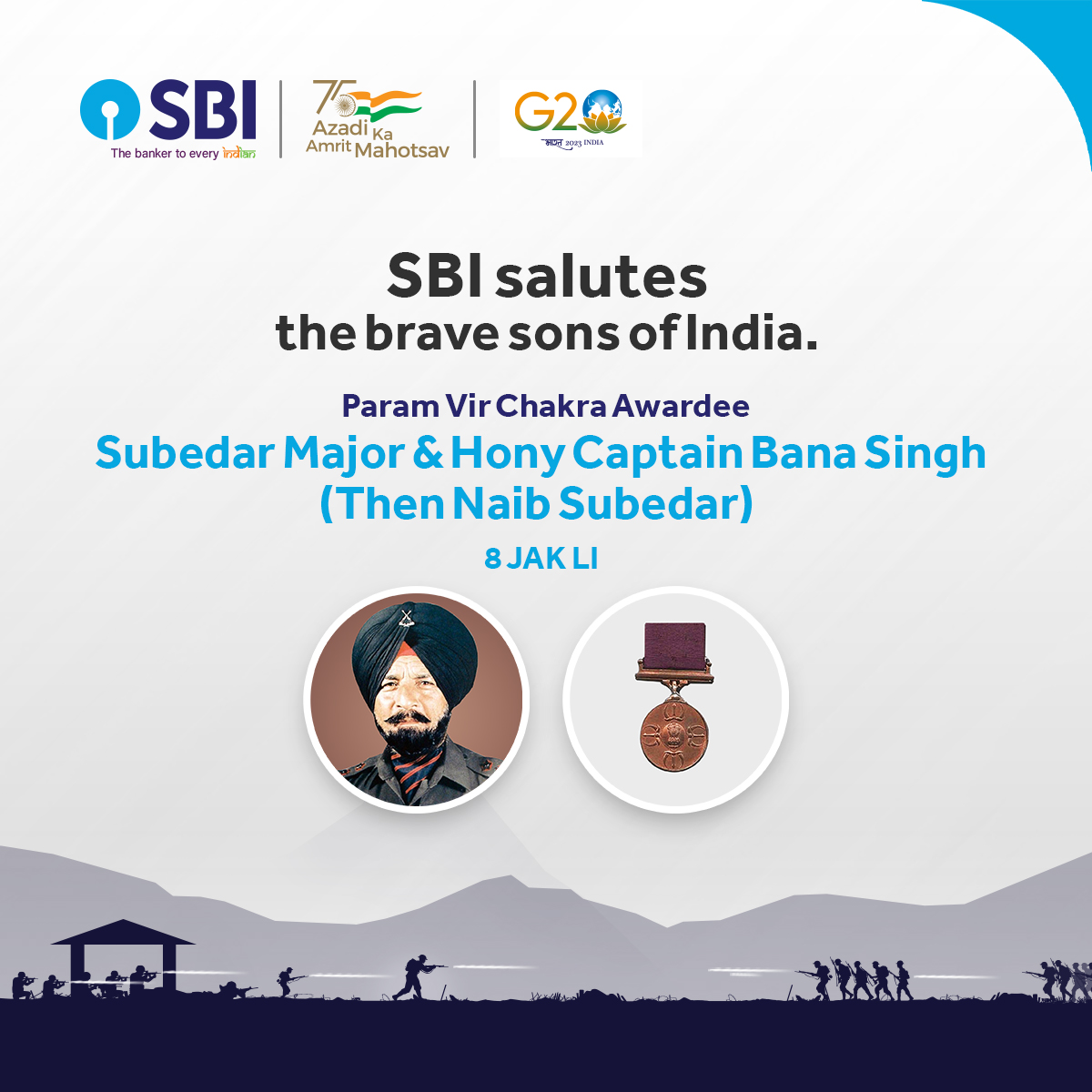 On this day in 1987, Subedar Major &amp; Hony Captain Bana Singh’s (Then Naib Subedar) unparalleled courage in capturing a strategic peak from the enemy during Operation Rajiv was recognised by awarding him Param Vir Chakra.

Read: gallantryawards.gov.in/awardee/1064

#SBI #AmritMahotsav