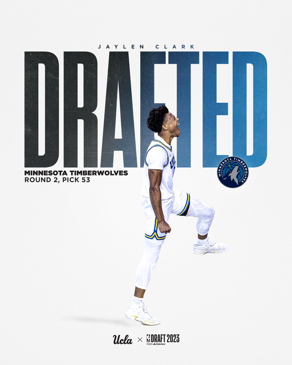UCLAMBB's tweet image. 𝐉𝐚𝐲𝐥𝐞𝐧 𝐂𝐥𝐚𝐫𝐤'𝐬 𝐡𝐞𝐚𝐝𝐞𝐝 𝐭𝐨 𝐌𝐢𝐧𝐧𝐞𝐬𝐨𝐭𝐚.

Congratulations to Jaylen Clark on being selected as the No. 53 overall pick in the @NBADraft by the Minnesota Timberwolves.

#NBABruins 🏀