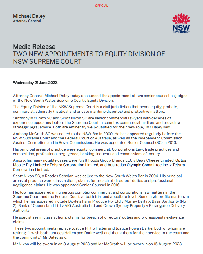 Congratulations @amcgrath1 and Scott Nixon SC

<a href="/NSWBar/">NSW Bar Association</a>
