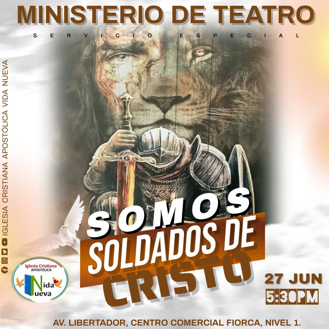 igvidanueva's tweet photo. ⚔️ SOMOS SOLDADOS DE CRISTO ⚔️ 
Llamados y escogidos para traer el cielo a la tierra. 

¡Acompáñanos a disfrutar de esté SERVICIO ESPECIAL!

Nuestras Redes Sociales:

👤📲 ➡️ https://t.co/qWuMB2p2bW

💌 📸➡️ https://t.co/9Rn3ZHzBac

 #IglesiaCristiana   #Maturin https://t.co/8lCb3OMOmZ