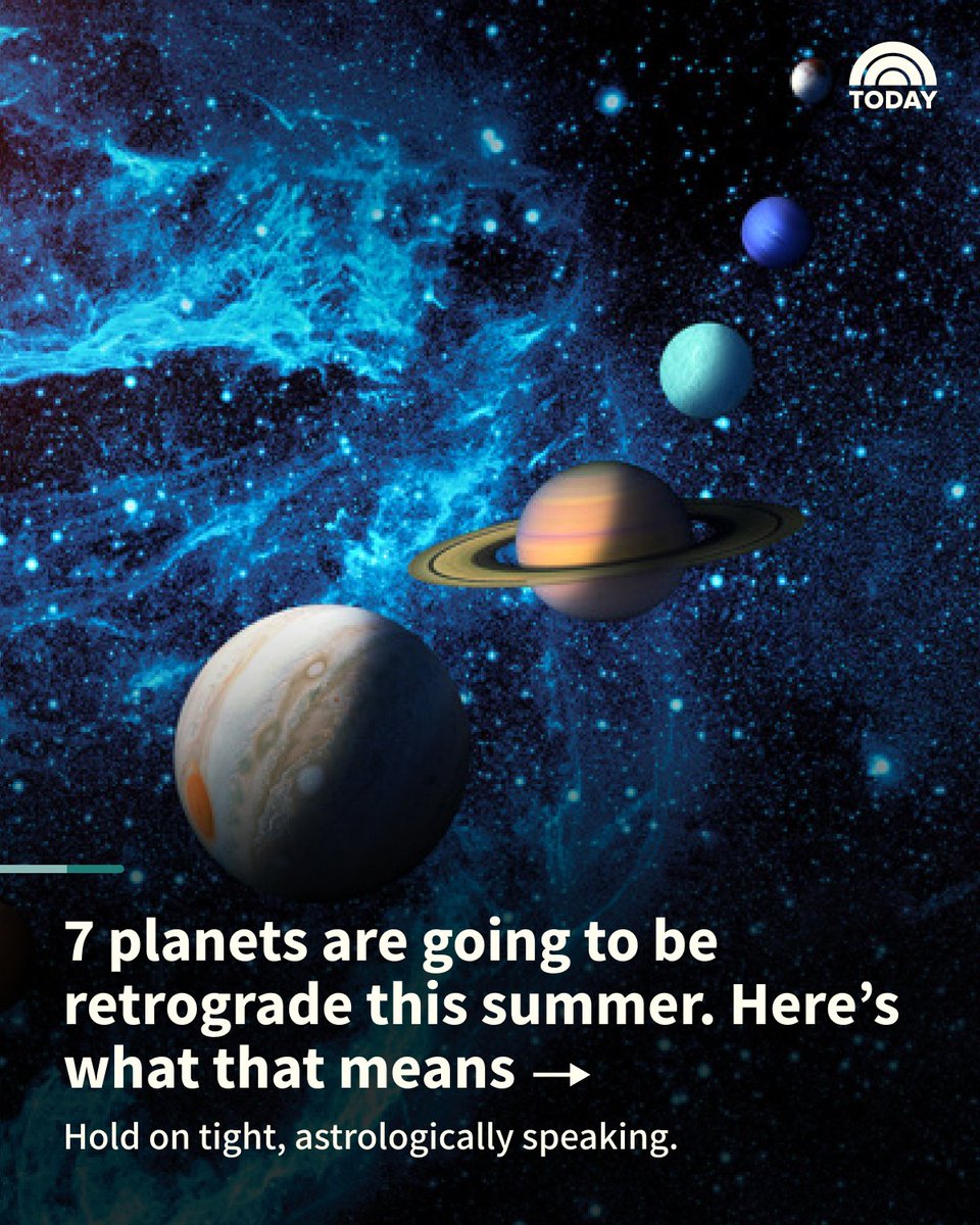 TODAYshow's tweet photo. BUCKLE UP, EVERYONE!! During the summer of 2023, a resounding seven planets will be in retrograde at the same time. Yes, you read that right. The many retrogrades will create an astrologically charged 2023 summer. 😵‍💫🪐

📸: Getty Images https://t.co/GePO0fcmM7 https://t.co/vYAVjqD64Y