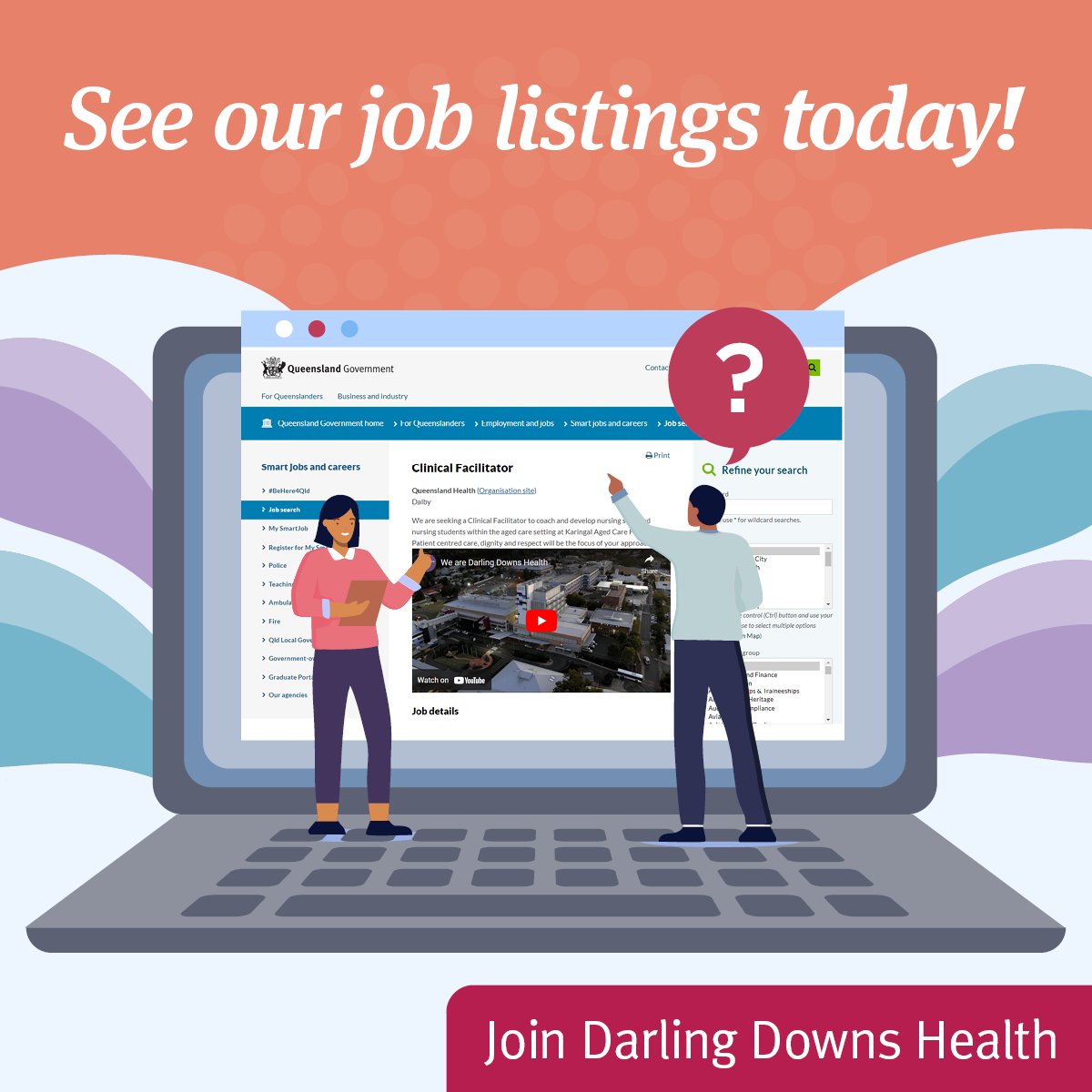 ✨ Explore your career opportunities with Darling Downs Health! ✨Join our team of over 5500 doctors, nurses, and midwives, allied health professionals, operational, administration, and support staff to improve the health of our communities. ✅ Go to smartjobs.qld.gov.au