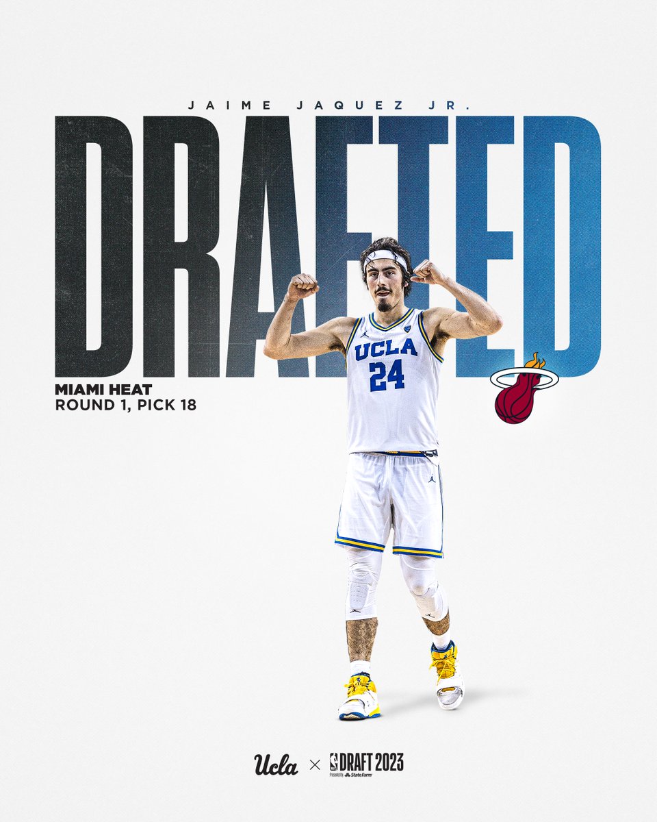 UCLAMBB's tweet photo. 𝐉𝐚𝐢𝐦𝐞’𝐬 𝐡𝐞𝐚𝐝𝐞𝐝 𝐭𝐨 𝐌𝐢𝐚𝐦𝐢.

Congratulations to Jaime Jaquez Jr. on being selected No. 18 in the @NBADraft this evening by the Miami Heat (@MiamiHEAT).

#NBABruins | @jaquez_jr https://t.co/XQrKVxIRzz