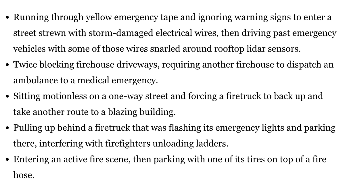 bcmerchant's tweet photo. Self-driving car crashes get the most press, but there are *lots* of ways autonomous vehicles do damage to a city. The San Francisco Fire Department, for instance, has tallied 39 ways that robotaxis have gotten in their way this year so far, including:

https://t.co/3iH3cJaqrJ https://t.co/K7O3dWrjGo