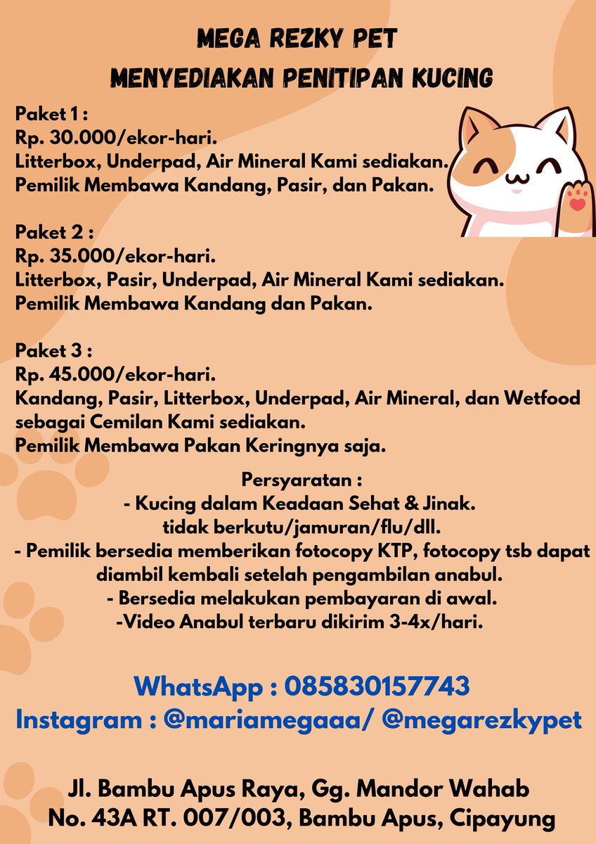 instagram.com/mariamegaaa?ig…

Bismillahirrahmanirrahim yang mau titip Anabulnya di tempat aku, bisa check testimonialnya dulu yah. terimakasih 🥰

#penitipankucing #pethotel #groomingkucing #sterilkucing