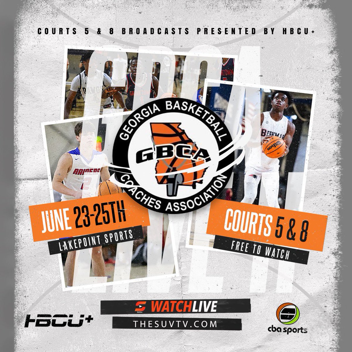 SUVtv's tweet photo. #GBCALive Session II
📆June 23-25
📺Court 5 &amp; Court 8 Live Streams presented by HBCU Plus:https://t.co/jpR2u14XlM

@GAcoaches @GreenforestBall @WheelerHoops @graysonhoops @Pace_Hoops @hiesbasketball @NewtonRamsHoops @ALX_Bball @McDonoughHoops @SandyCreekHoops @LanierHoops @MV_MOV https://t.co/9pK0cfWMyQ