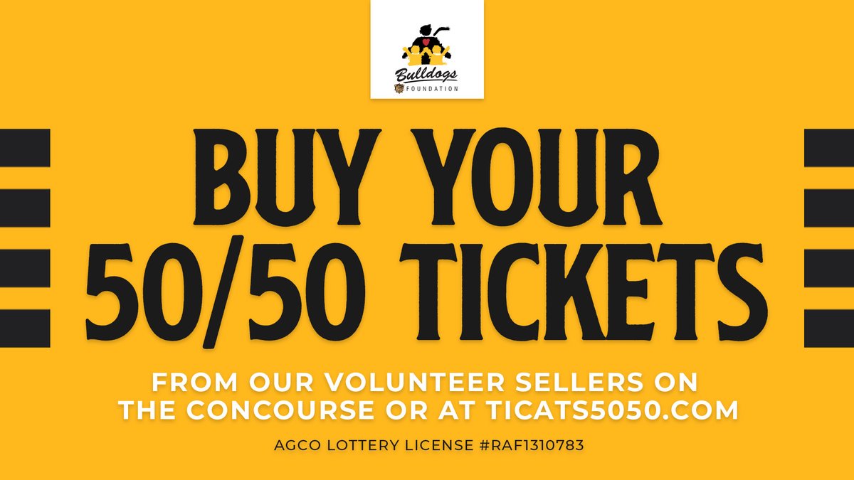 Ticats's tweet photo. Ticats 50/50 presented by, @BulldogsFDN

Get your tickets at the game or online now! 

ℹ️: 3 for $5, 10 for $10, 60 for $20 or 120 for $30

💰: https://t.co/cuP4mSRGYa

#Ticats | #CFL https://t.co/hjZTVKcpwS
