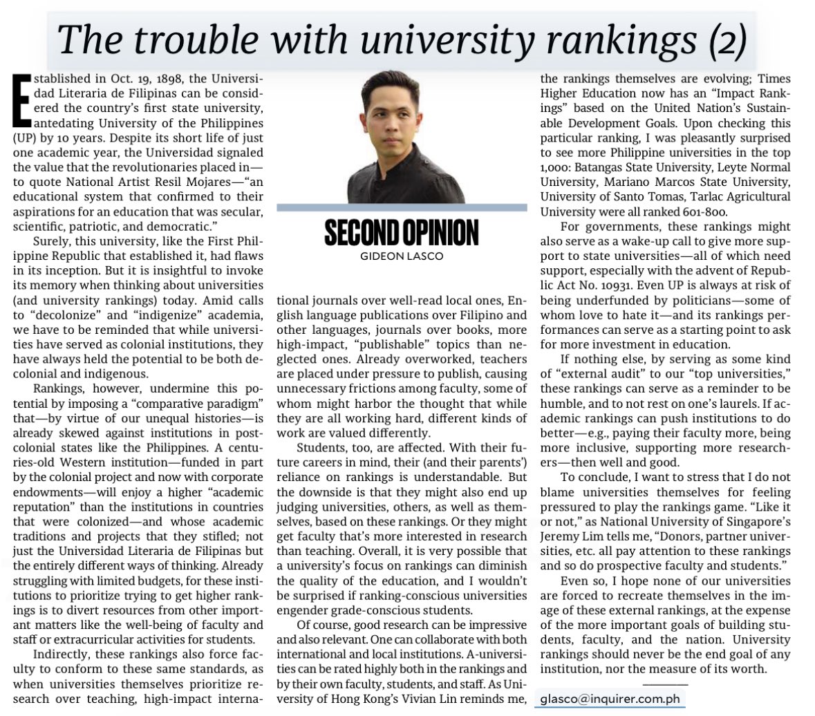 "I hope none of our universities are forced to recreate themselves in the image of these rankings, at the expense of important goals of building students, faculty, and the nation. University rankings should never be the end goal of any institution, nor the measure of its worth."