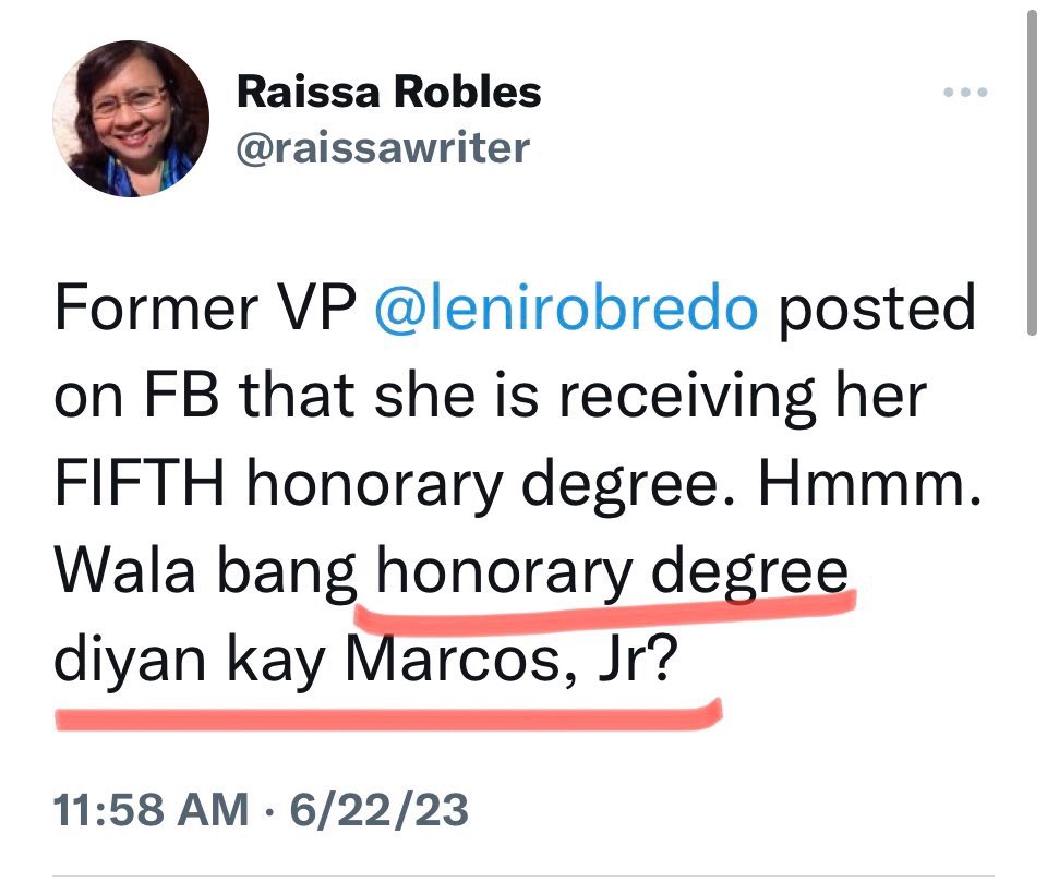 LENI ROBREDO can fill a Philippine Arena with her credentials. But she remains one of the most disliked politicians in contemporary Phil. history.  

LOSER. REJECTED. DRUBBED. RIDICULED. 

No degree can undo these facts. 🤭😄 @raissawriter 

#NoToLeniIn2025  #ctto👇