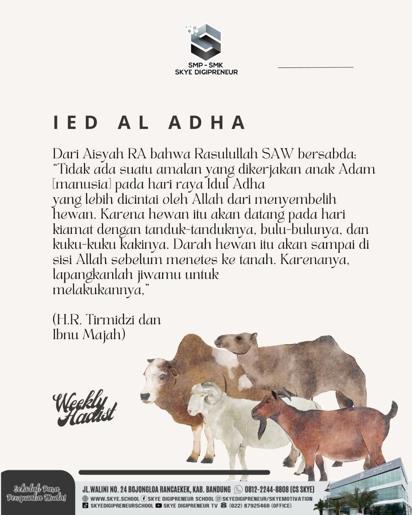 SkyeDigipreneur's tweet photo. Perintah berkurban berasal dari bukti cinta dan ketaatan Nabi Ibrahim AS kepada Allah SWT. 

Ibadah kurban memberikan kita kebermaknaan secara spiritualisme dan manfaat terhadap sekitar. 

Semoga kita diberi kesempatan dan dilimpahkan rezekinya untuk berkurban tahun ini, Aminn 🙏🏻 https://t.co/107uj7KOtr