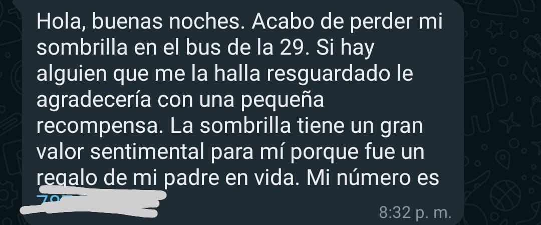 Vaya mara, los quiero empáticos y en función "hoy tí mañana por mí", Este es un caso especial y quiero su ayuda.
Es la Sombrilla de Elena García y era de su papá cuando estaba vivo. Entenderán el valor. Los quiero a todos Retuiteando. "Es una sombrilla de fondo negro con patrones