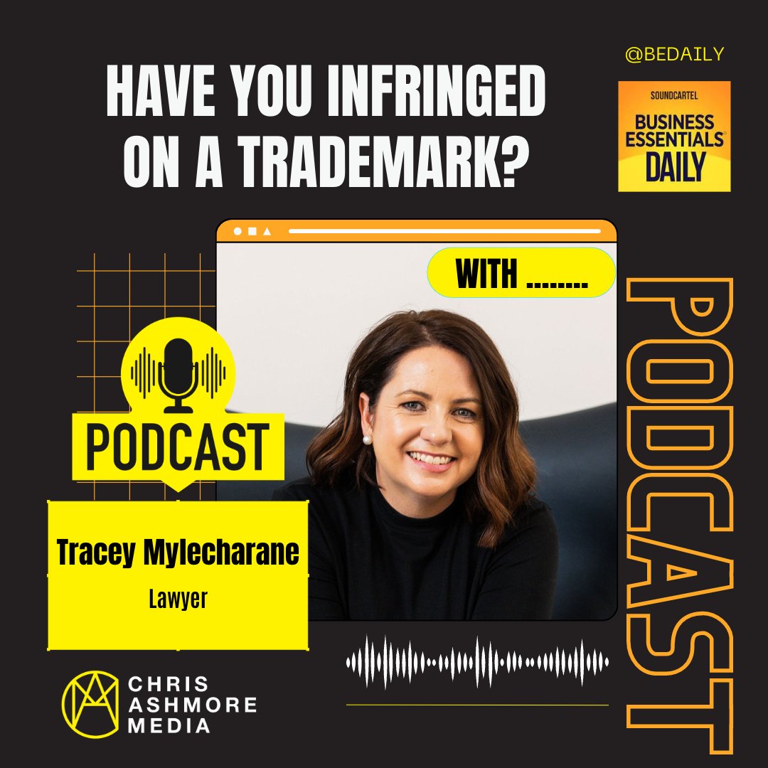 chrisashmorepod's tweet photo. Tracey Mylecharane explains to me how to do your due diligence and the consequences if you do infringe on a registered trademark on this episode of BE Daily.

Hear here:
https://t.co/DPodWquaje

#TrademarkProtection
#CeaseAndDesistIssues
#IntellectualPropertyLaw https://t.co/pEn6gBRoBk