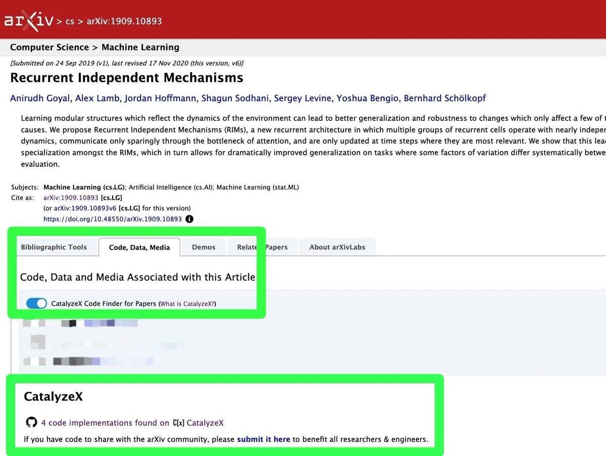 ✅ CatalyzeX 🤝 ArXiv  

Now you can see open-source code implementations for AI research papers (and more!) via @catalyzeX directly on @arxiv as well 🎉