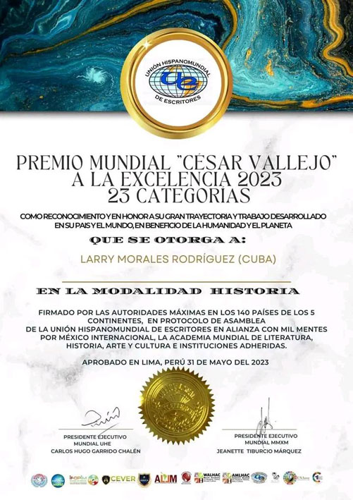 ArchivoCitma's tweet photo. #LatirAvileño La Unión Hispanomundial de Escritores, con sede en Lima, Perú, le otorgó el Premio Mundial “César Vallejo” 2023 al historiador, escritor y presidente de la fundación Nicolás Guillén en Ciego de Ávila, Larry Morales.
 @citmacuba @citmaciego @ReyesMaryuska https://t.co/s3Ae9eeCA6