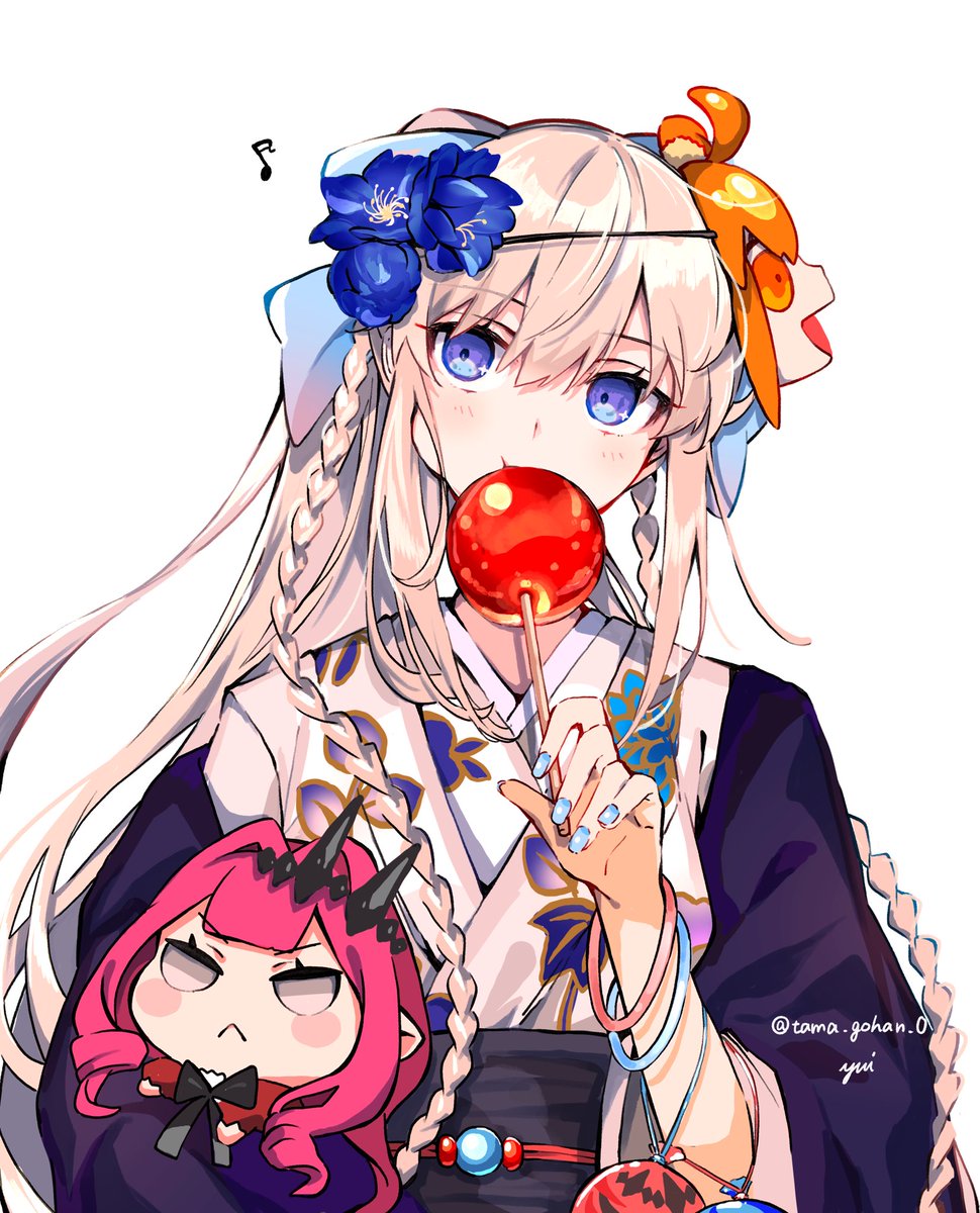 fairy knight tristan (fate) ,morgan le fay (fate) japanese clothes kimono food flower 1girl hair flower long hair  illustration images