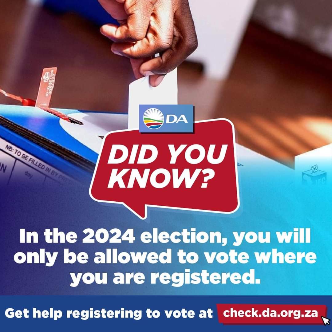 MayorPappas's tweet image. 🗳 | Did you know ? 

In the 2024 election, you will only be allowed to vote where you are registered. 

Get help registering to vote at  check.da.org.za 

#PowerToTheRegistered
#RegisterToVoteDA
#VoteDA