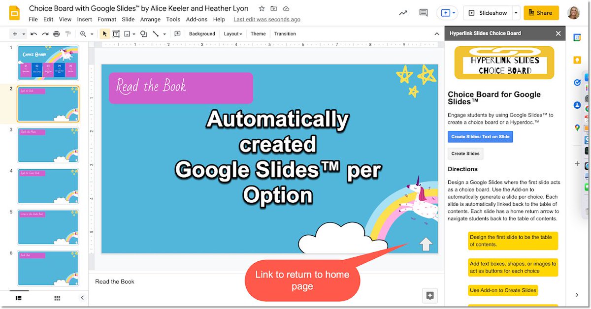 Easily create choice boards using Google Slides

🧩 Install Hyperlink Slides Choice Board by Alice Keeler

workspace.google.com/marketplace/ap…

#ISTElive #googleEDU