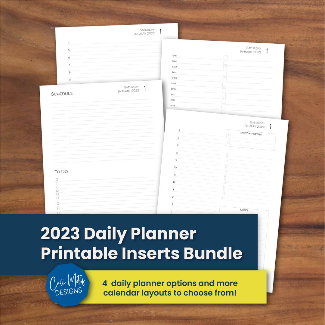 The 2023 Planner Printable Calendar Bundle features multiple layouts in various sizes so you can customize you planner to work for you. Layouts include monthly, weekly, daily, and yearly. #plannercommunity #discboundplanner #planneraddict #plannerbabe #planwithme #happyplanner