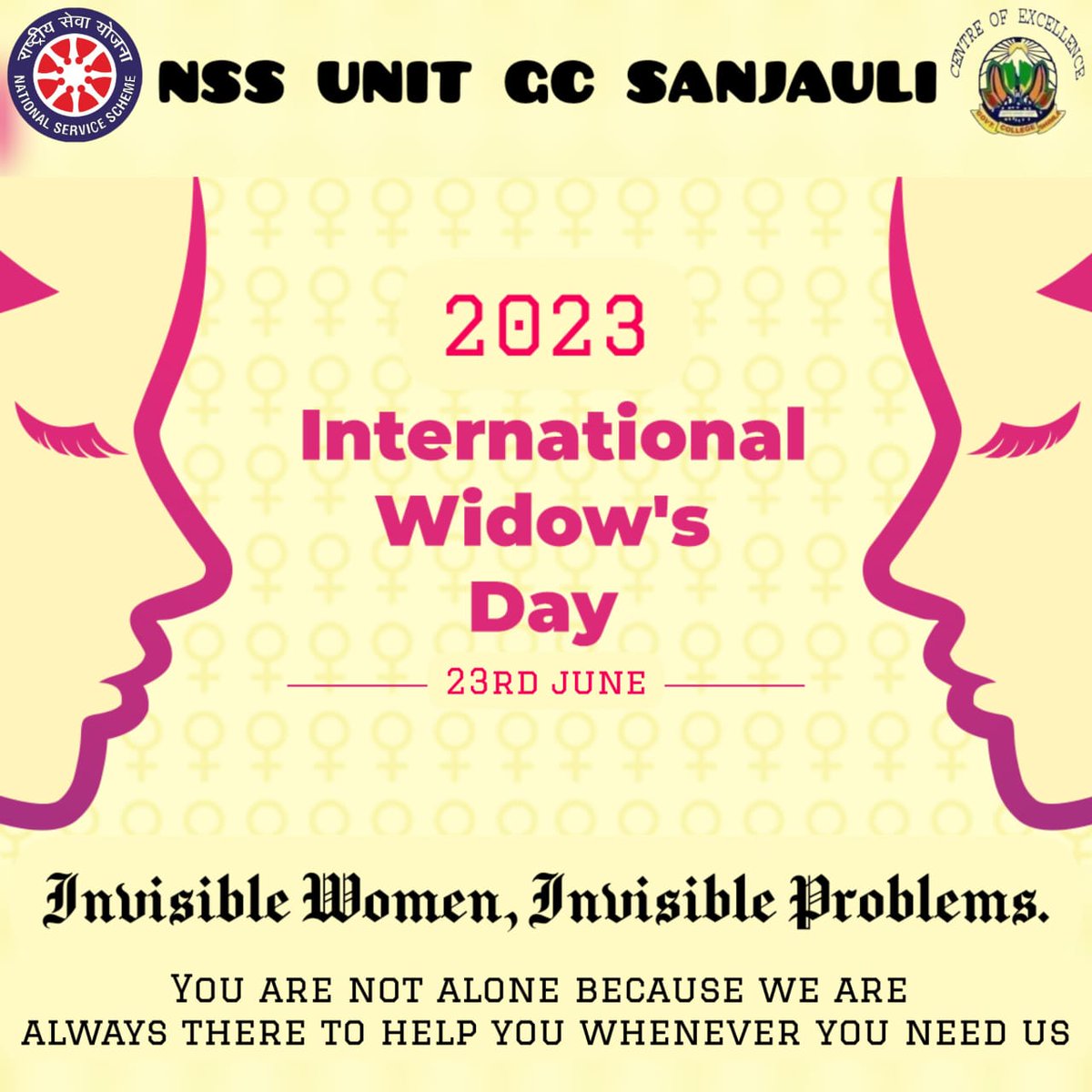 Every year June 23 is observed as International Widows Day to raise awareness of the issue faced by widows .
@Anurag_Office @ianuragthakur @NSSChennai @NSSRDChandigarh @NssrdD @PMOIndia @HimachalNss @_NSSIndia @_NSSAwards @ConnectingNss