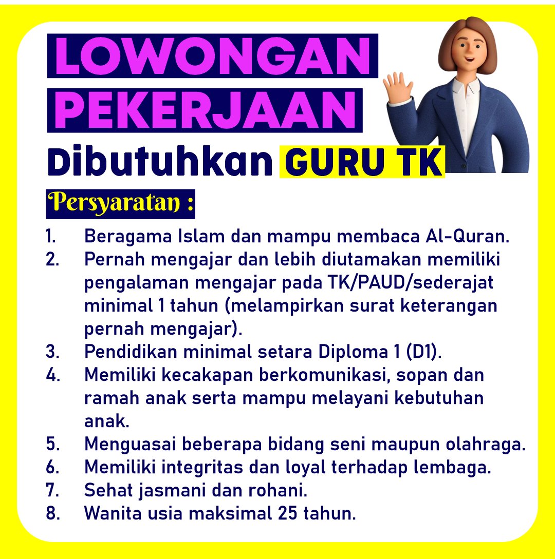 owlgabut's tweet photo. [INFO LOKER]

Dibutuhkan tenaga pengajar area Ciomas, Kabupaten Bogor dengan persyaratan tertera. 

CP : 0895-2662-0409 (TK BINAR)

#infoloker #loker #lokerbogor #bogorupdate #lokerterbaru #lokerindonesia #infolokerbogor #lokerupdate https://t.co/BWgrfr2dig