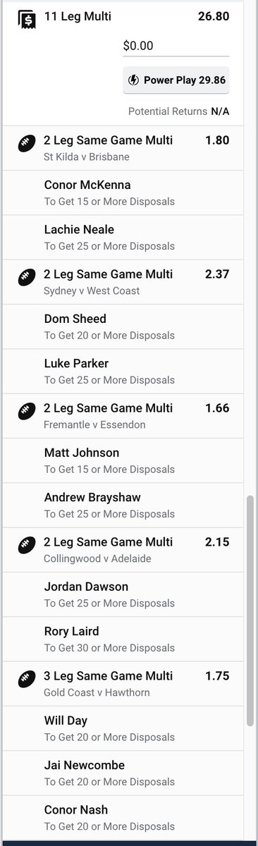 Inspired by @Puntasaurus we're having a go at a multi match multi for the round. 
More a bit of fun so stake accordingly 

#AFLbets #GamblingTwiitter  #fillup #AFL #AFLPiesCrows #aflsaintslions #AFLFreoDons