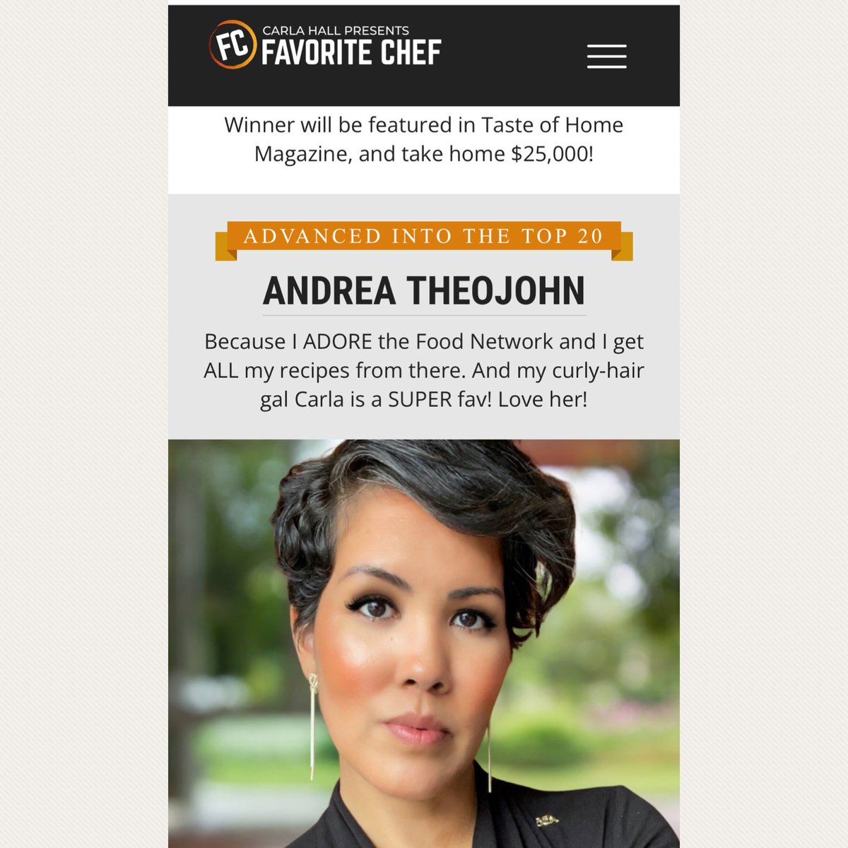 YOU helped me advance to the Top 20 in the #FavoriteChef competition. 🤯🤯🤯🙌🏽🙌🏽🙌🏽🎉🎉🎉🍾 Wow!!!!! I finished first in my group, too! This fight ain’t over yet though. Please stay vigilant and help vote everyday through the 29th of July. Thank you!!!! favchef.com/2023/andrea-th…