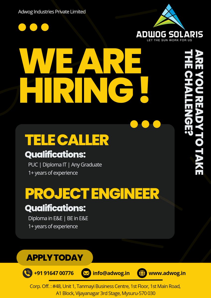 WE ARE HIRING!!!! 

Join Adwog Solaris™ on the brighter side of sustainability! 🌞🌍✨ Seeking passionate individuals to shine with us 🌱💡 

#PoweringTheFuture #SolarEnergyRevolution #JoinOurGreenTeam #hiring #hiringnow #hiring2023 #AdwogSolaris